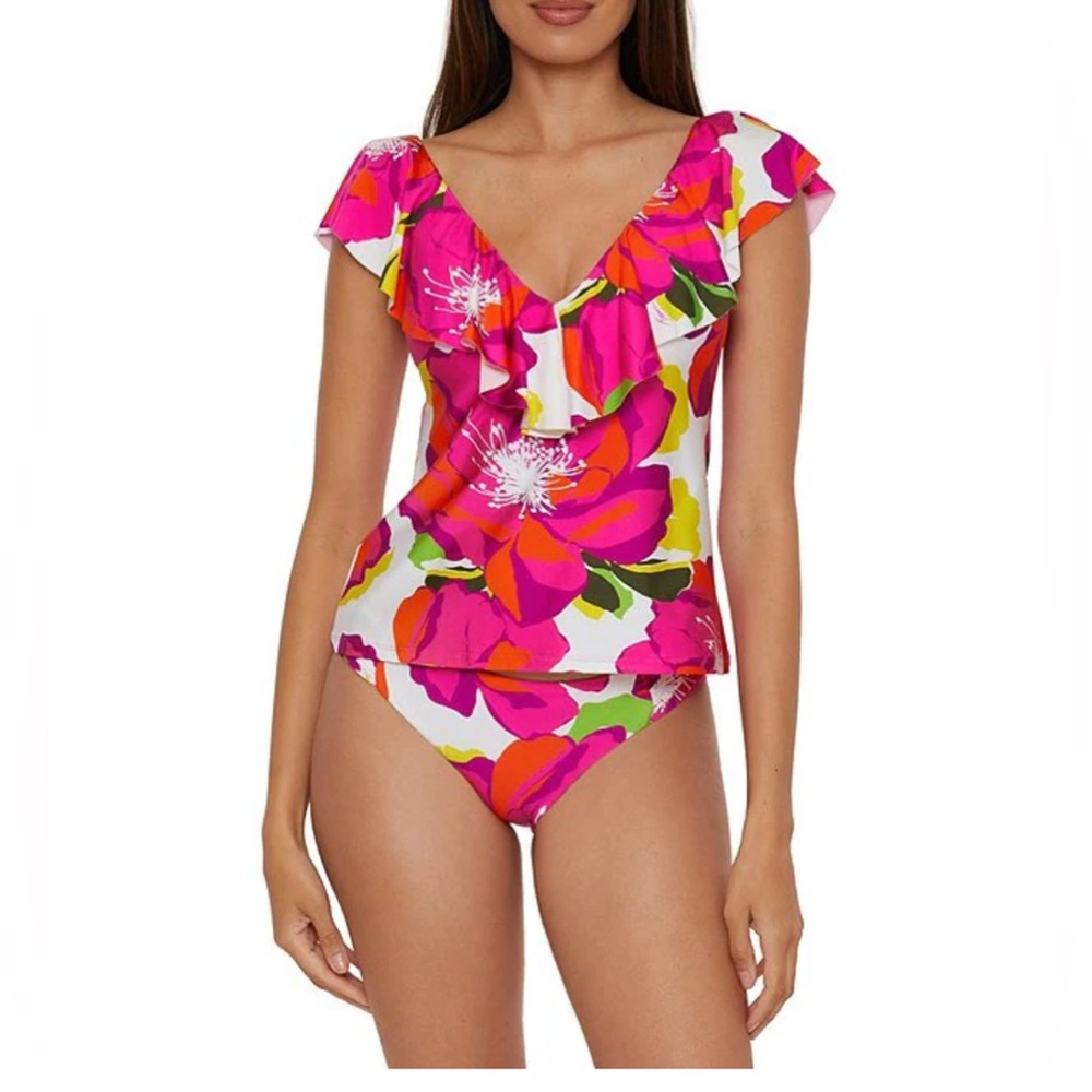 311 - Trina Turk Bloom Plunge V-Neck Ruffle Tankini Swim Top 🌺👙